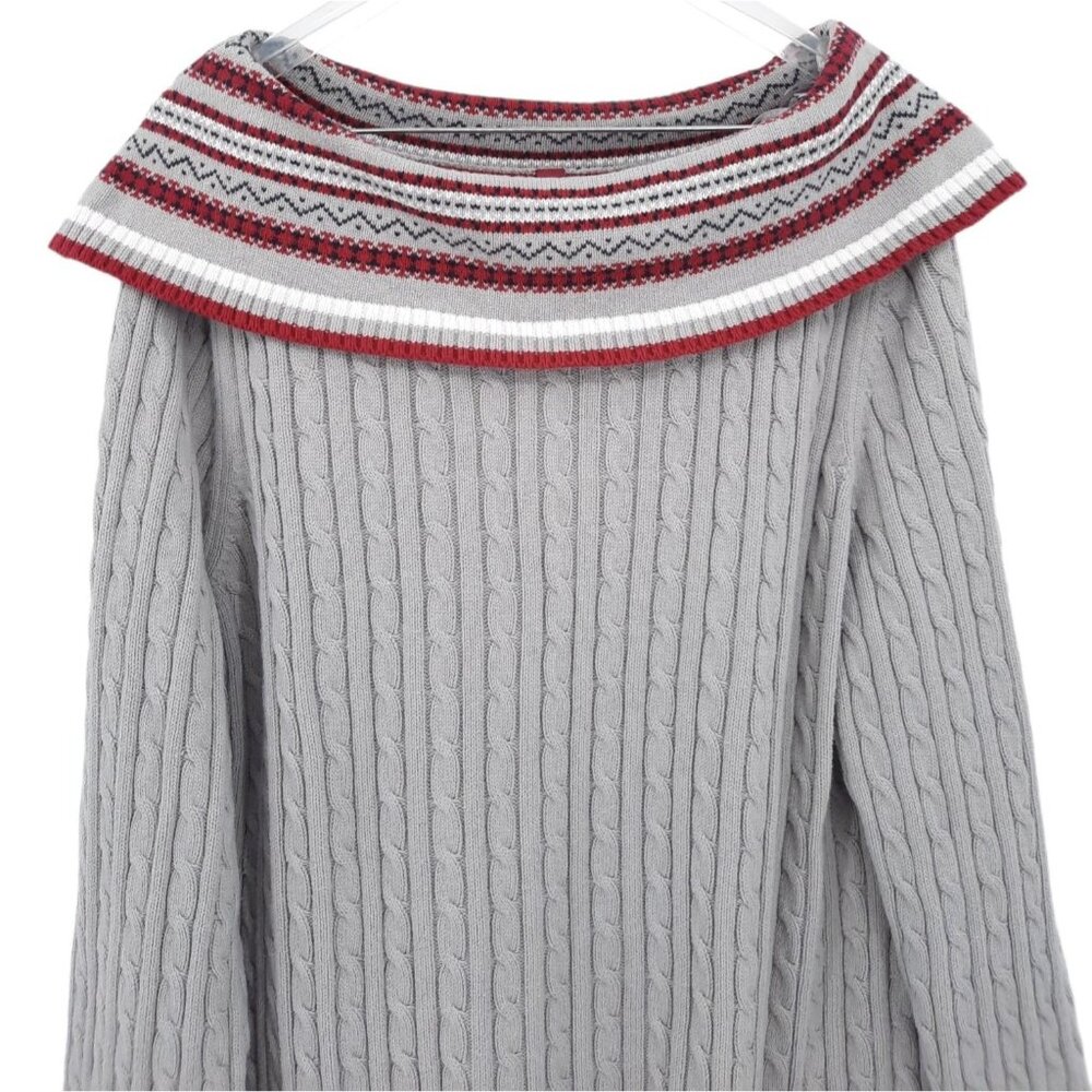 VTG 90s Gitano Gray Fair Isle Foldover Off Shoulder Cable Knit Sweater 26/28 - Picture 4 of 8